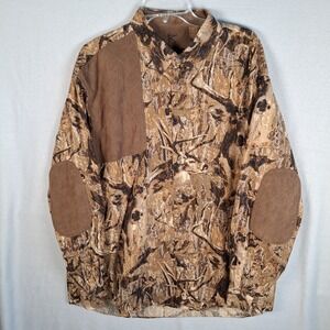 North River Outfitters Camo Shooting Shirt Men 2XL Deer Buck Print Suede Patches